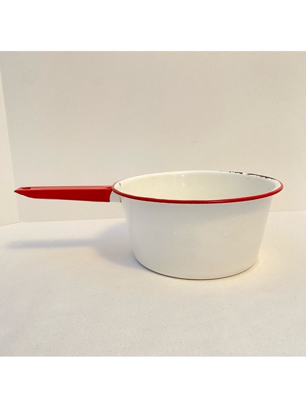 White & Red Enamelware Vintage Saucepan Pot With Handle
